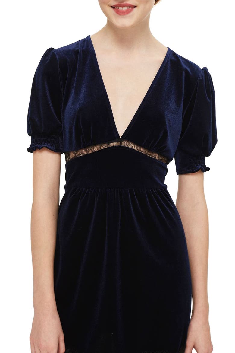 Velvet & Lace Puff Sleeve Midi Dress, Alternate, color, NAVY BLUE