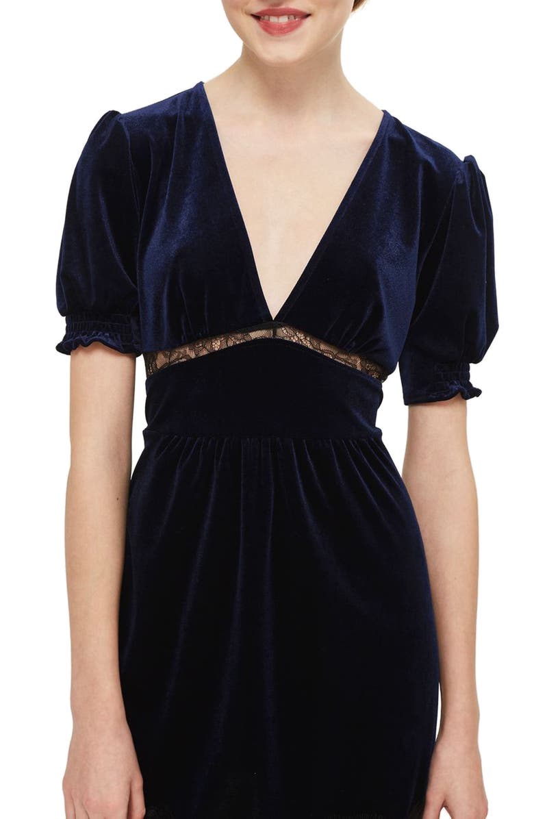 Topshop Velvet & Lace Puff Sleeve Midi Dress, Alternate, color,