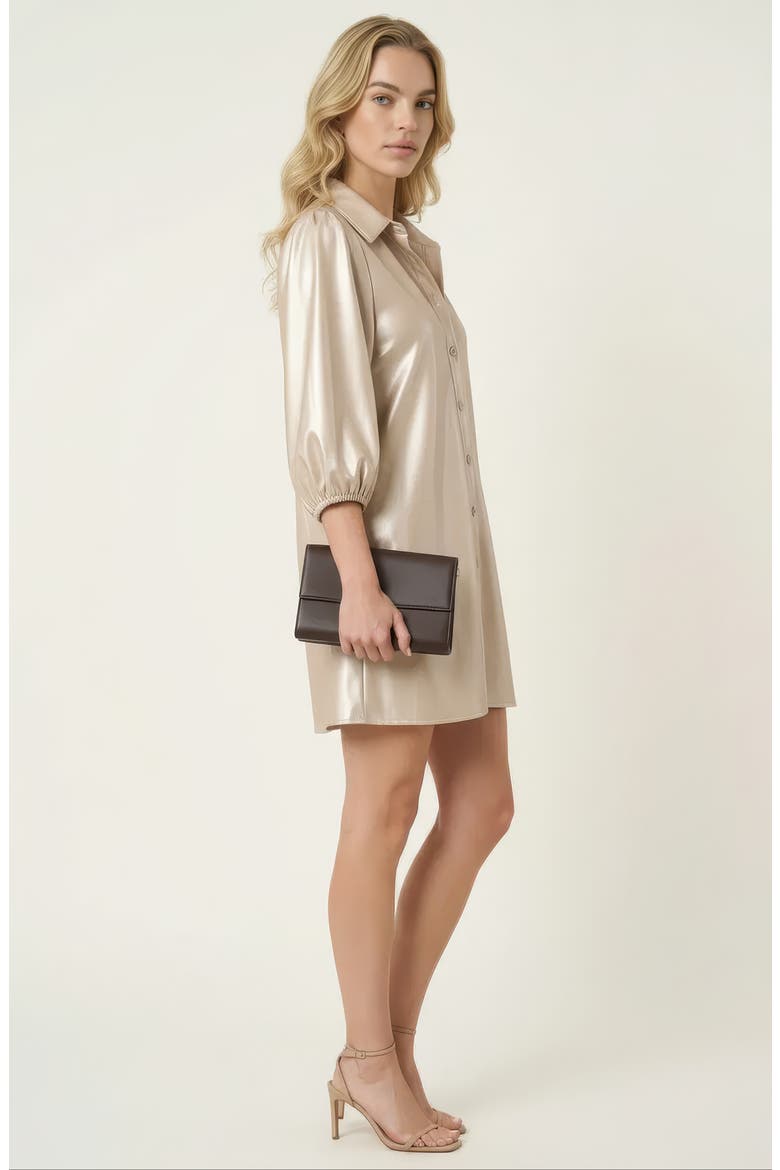 Satin Button-Up Shirt Dress with Puff Sleeves and Collar, Alternate, color, Champagne