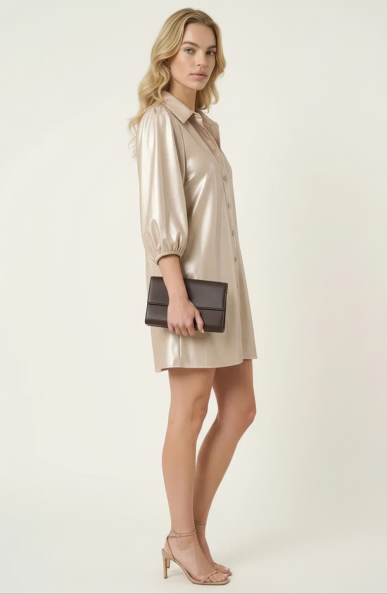 Modenaire Satin Button-Up Shirt Dress with Puff Sleeves and Collar, Alternate, color, Champagne