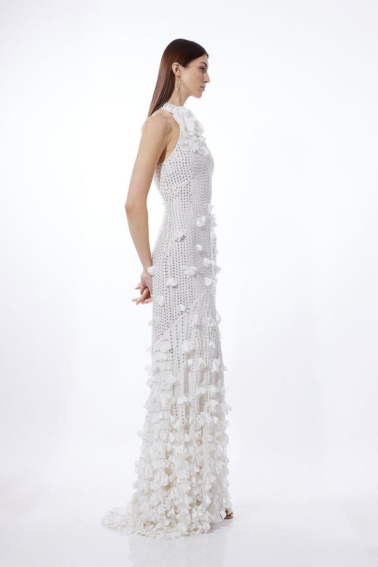 Crystal Rosette Halter-Neck Maxi Dress, Alternate, color, Ivory