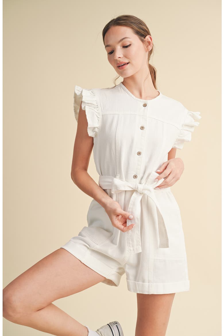 Tie Waist Denim Romper, Alternate, color, WHITE