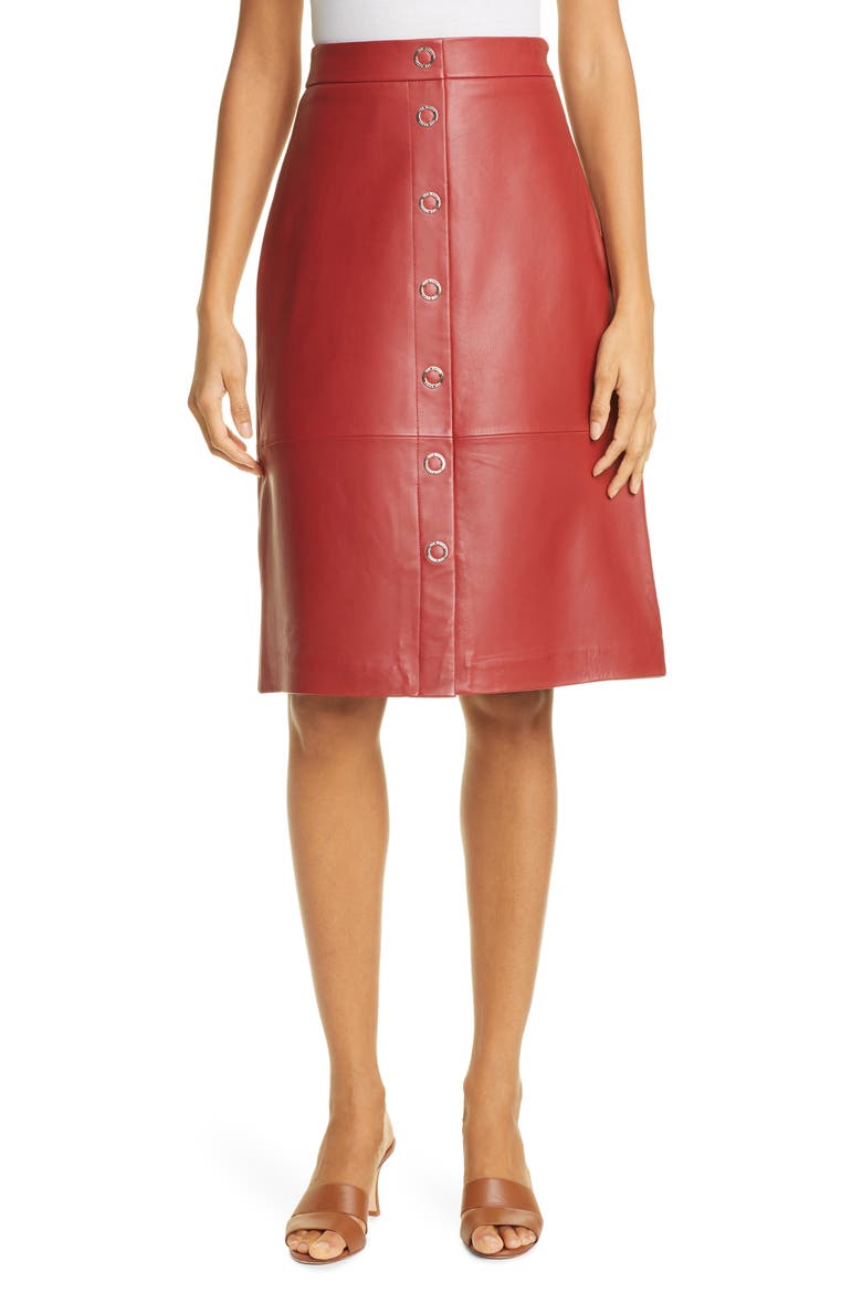 Snap Front Leather Pencil Skirt, Main, color, DARK RED