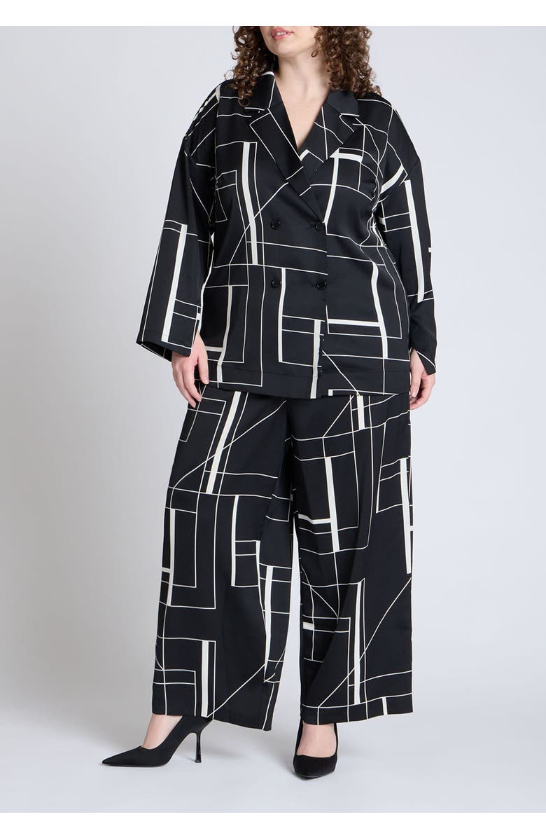 ELOQUII Double Breasted Oversized Shirt, Alternate, color, Geometric Lines Black