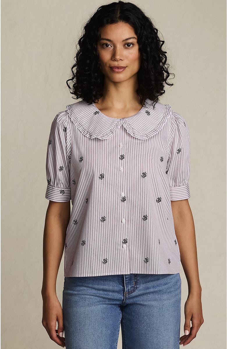 Lands' End Easy Care Puff Sleeve Statement Collar Shirt, Main, color, White/Brown Floral Stripe