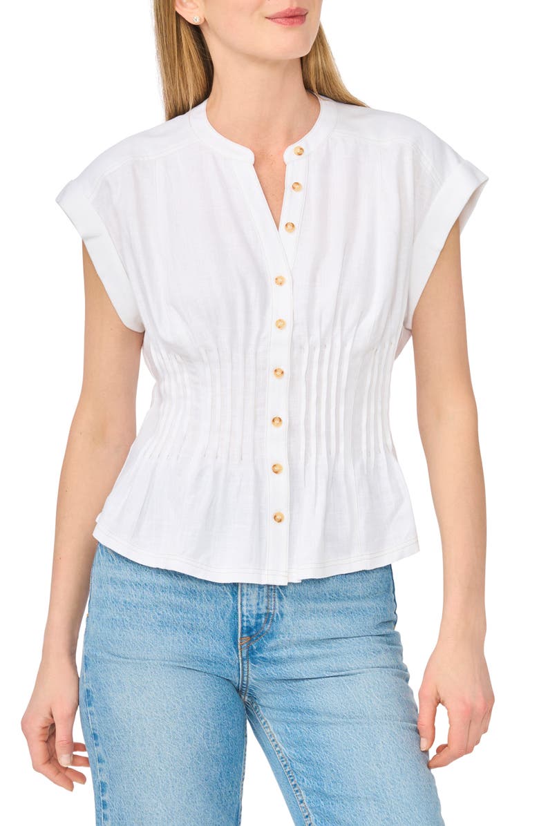 CeCe Pintuck Corset Waist Button-Up Top, Main, color, Lucent White