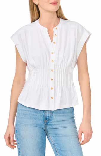 CeCe Pintuck Corset Waist Button-Up Top