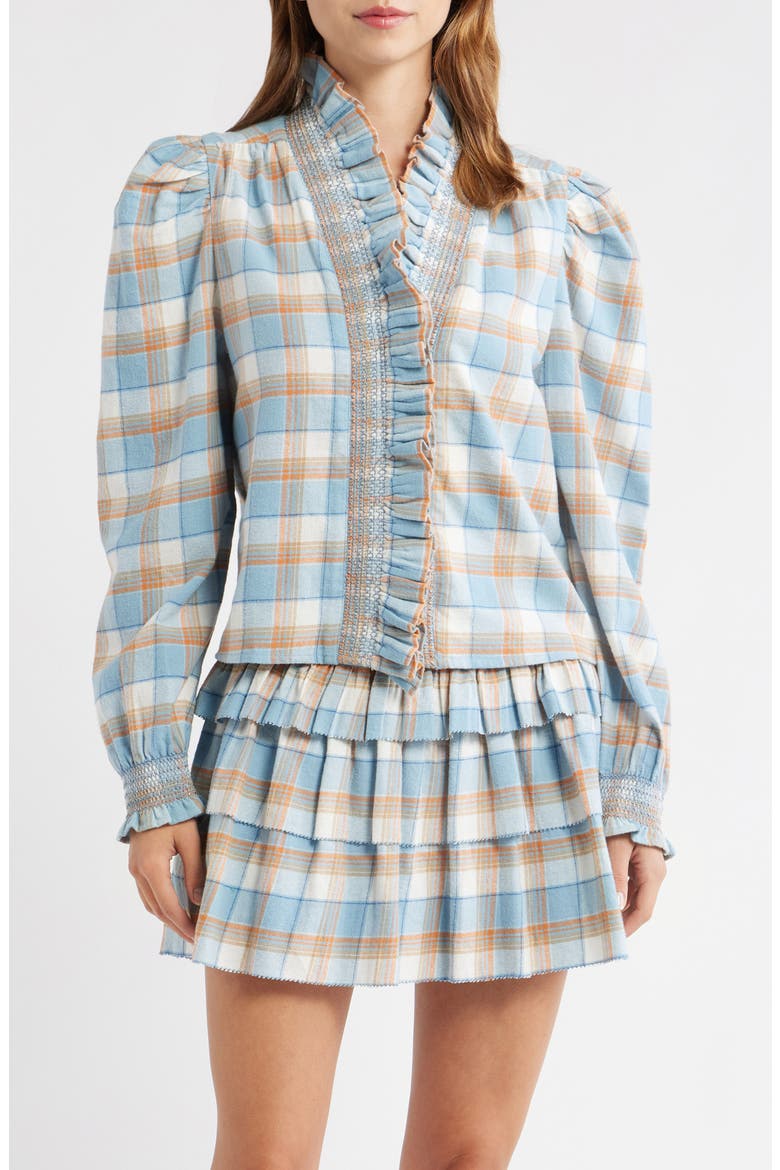 Zuri Ruffle Trim Cotton Button-Up Top, Main, color, WINDCHIME PLAID