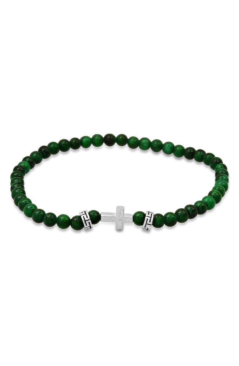 HMY JEWELRY Men's Sterling Silver Cross Jade Beaded Stretch Bracelet, Main, color, Silver/ Green