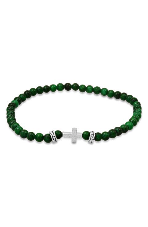 Men's Sterling Silver Cross Jade Beaded Stretch Bracelet
