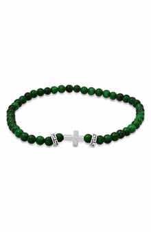 HMY JEWELRY Men's Sterling Silver Cross Jade Beaded Stretch Bracelet