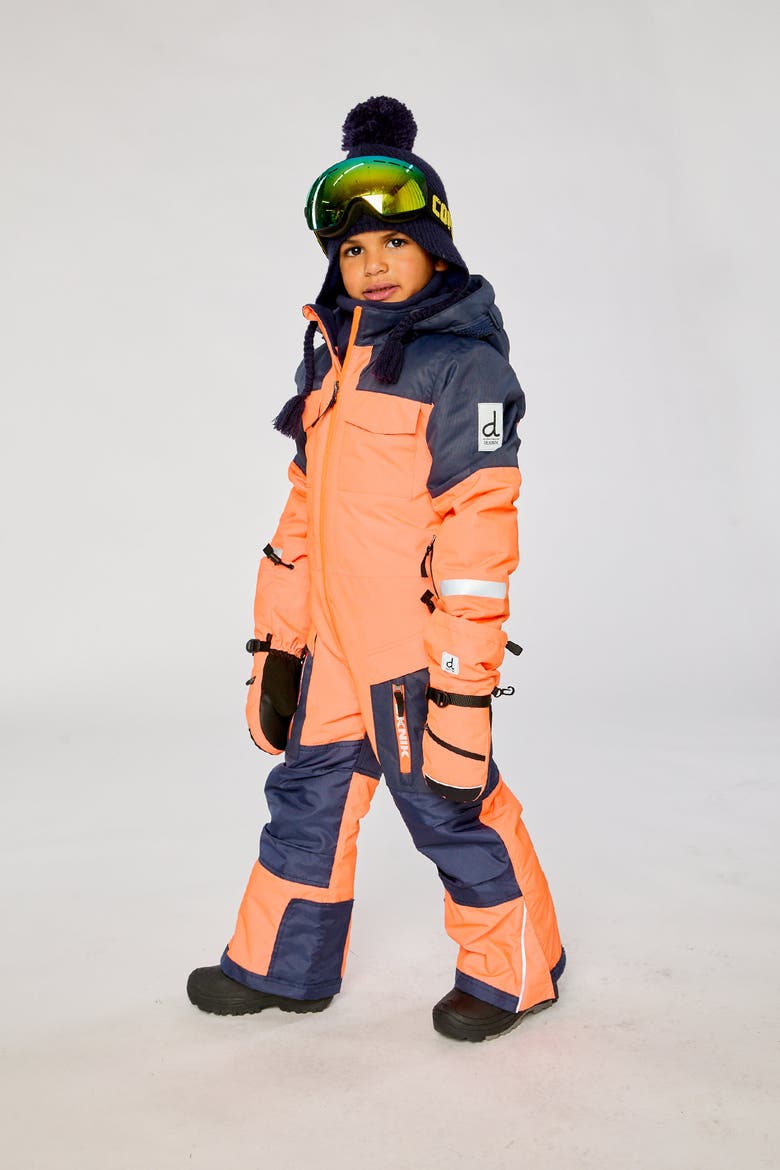 Teknik Fleece Lined & Reinforced Knees One Piece Snowsuit, Alternate, color, Bright Orange and Blue