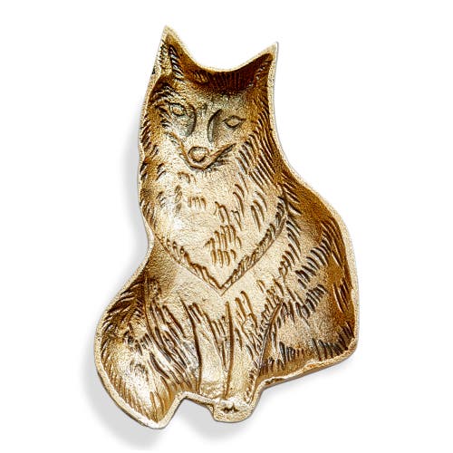 Tag Christmas Fox Cast Aluminum Trinket Dish Antique Brass 4.25x6.75x0.5 In Gold