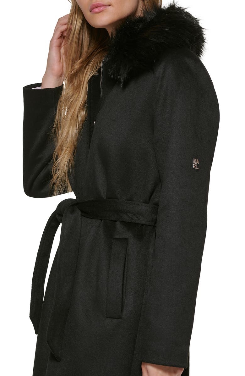 KARL LAGERFELD PARIS Luxe Belted Twill Wool Blend Coat with Removable Faux Fur Collar, Alternate, color, 