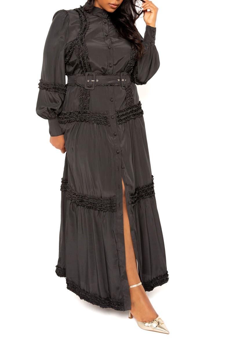 Ruffled Belted Long Sleeve Maxi Dress, Alternate, color, BLACK