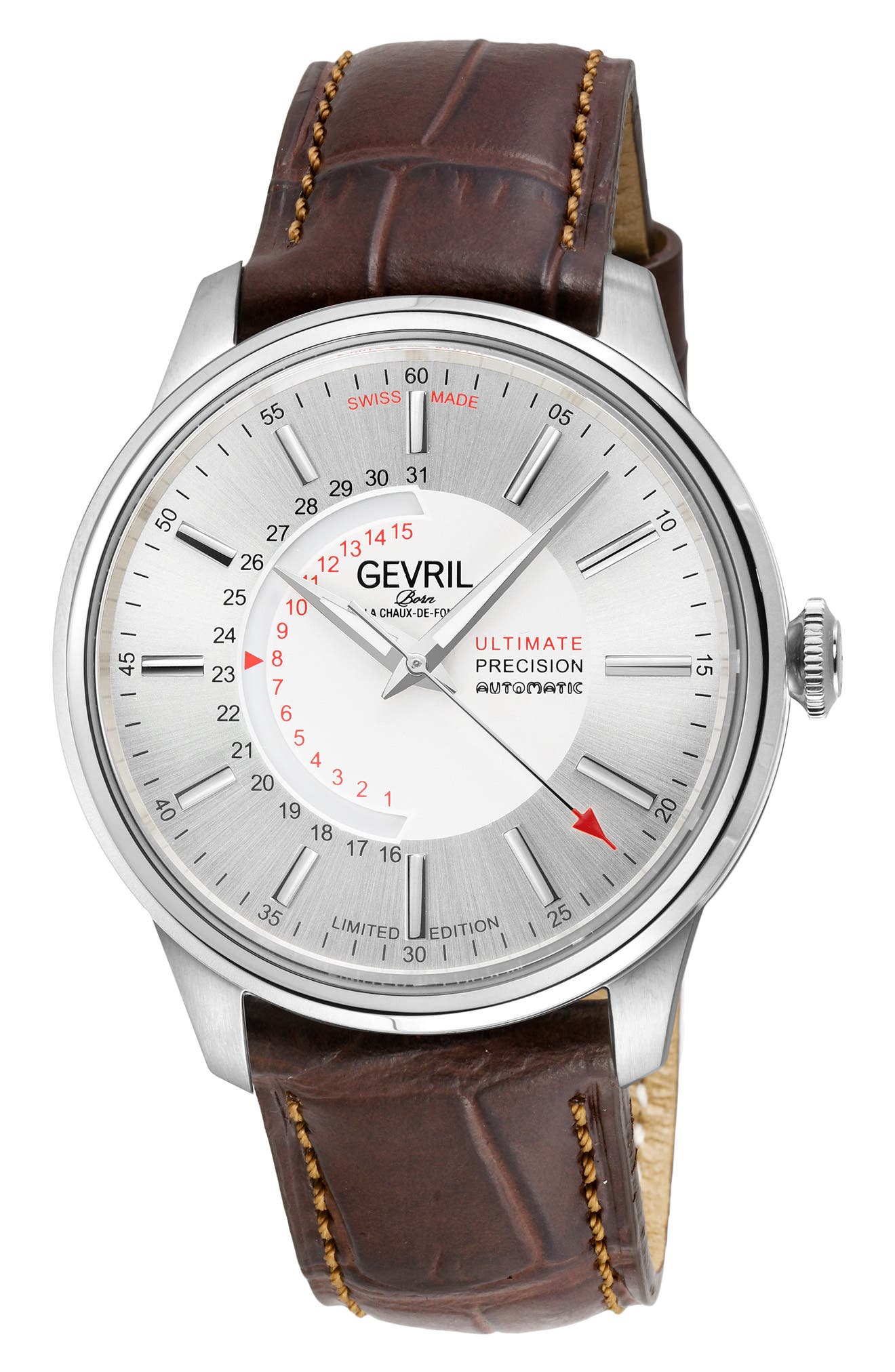 GEVRIL Guggenheim Swiss Automatic Croc Embossed Leather Strap Watch, 44mm