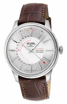 GEVRIL Guggenheim Swiss Automatic Croc Embossed Leather Strap Watch, 44mm
