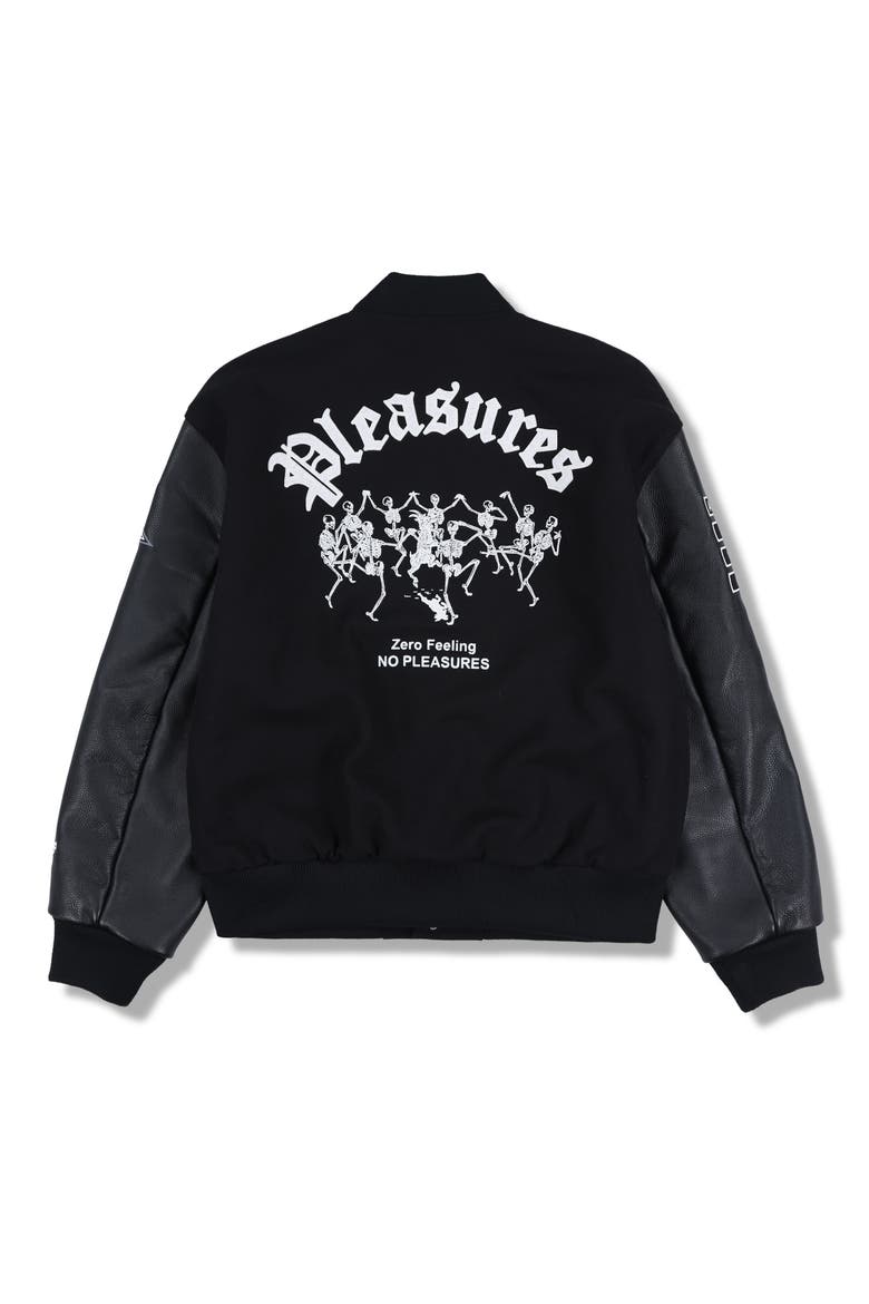 X Zero Skateboards Pleasures Varsity Jacket, Alternate, color, BLACK