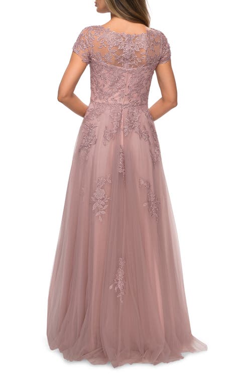 La Femme Beaded Lace Rhinestone A-line Evening Gown In Mauve