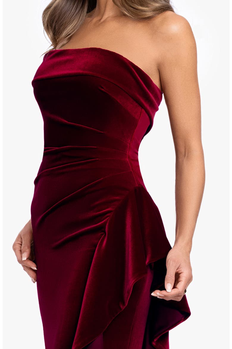 Strapless Ruffle Stretch Velvet Gown, Alternate, color, BURGUNDY