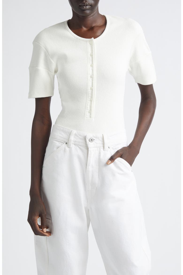 Fitted Cotton & Linen Blend Rib Henley, Main, color, MILK