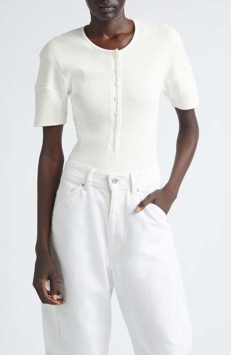 Lemaire Fitted Cotton & Linen Blend Rib Henley, Main, color, Milk