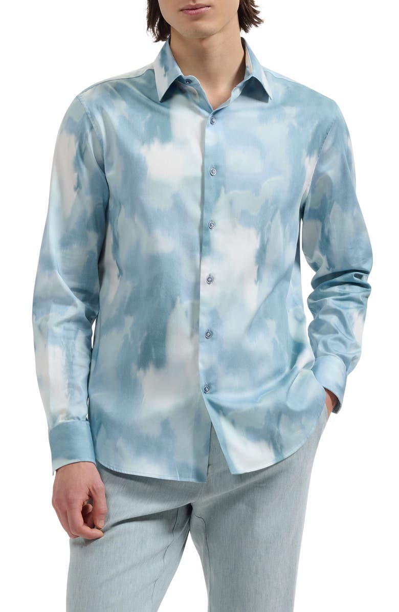 Bugatchi Julian Shaped Fit Cloud Print Stretch Cotton Button-Up Shirt, Main, color, Sea Spray