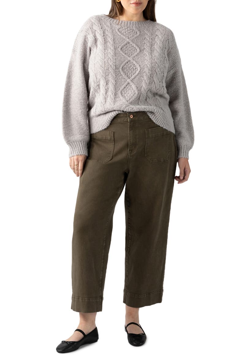 Crewneck Cable Sweater, Alternate, color, HEATHER ASPHALT