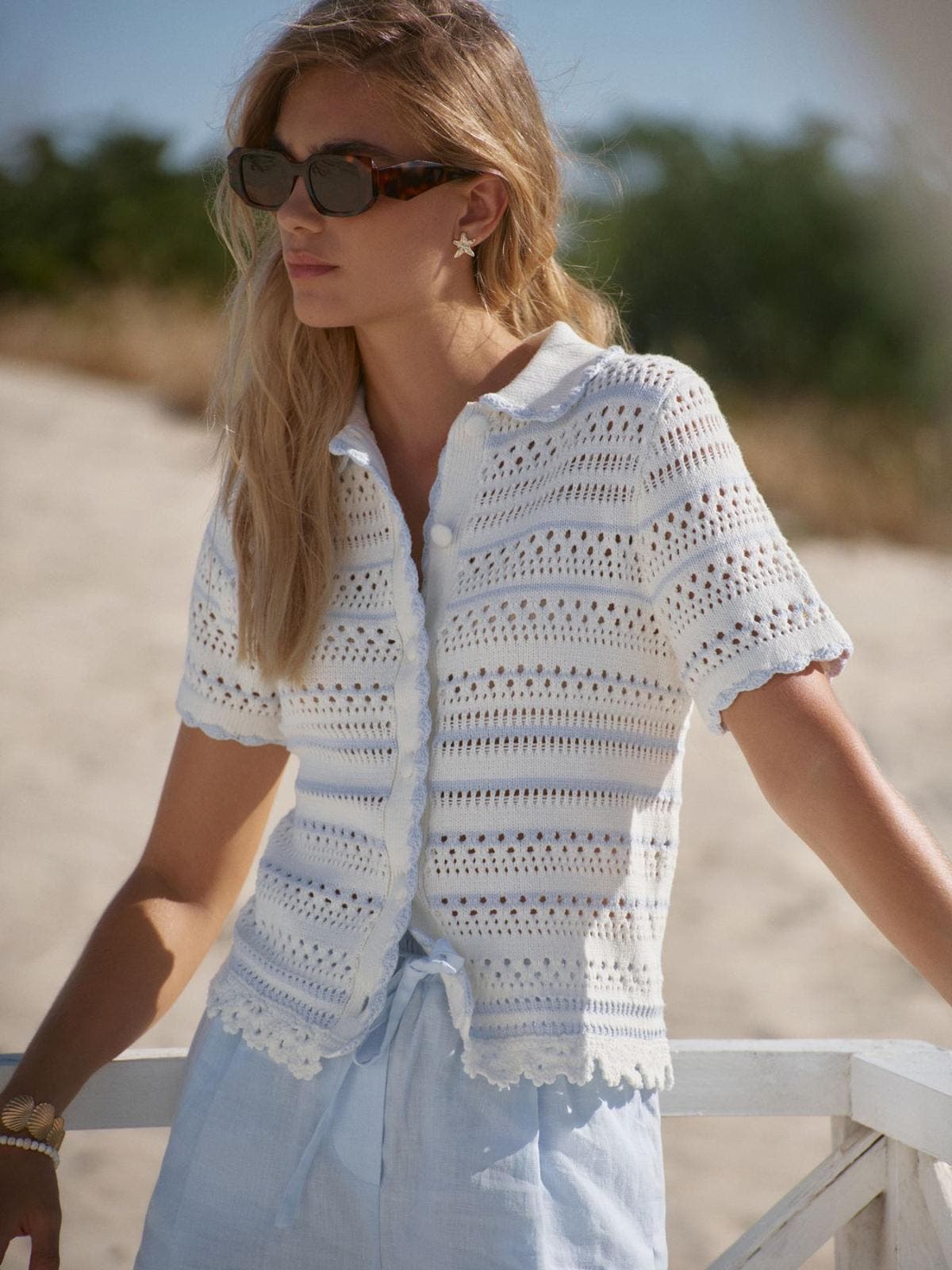 Cotton Blend Stripe Crochet Top - image 2
