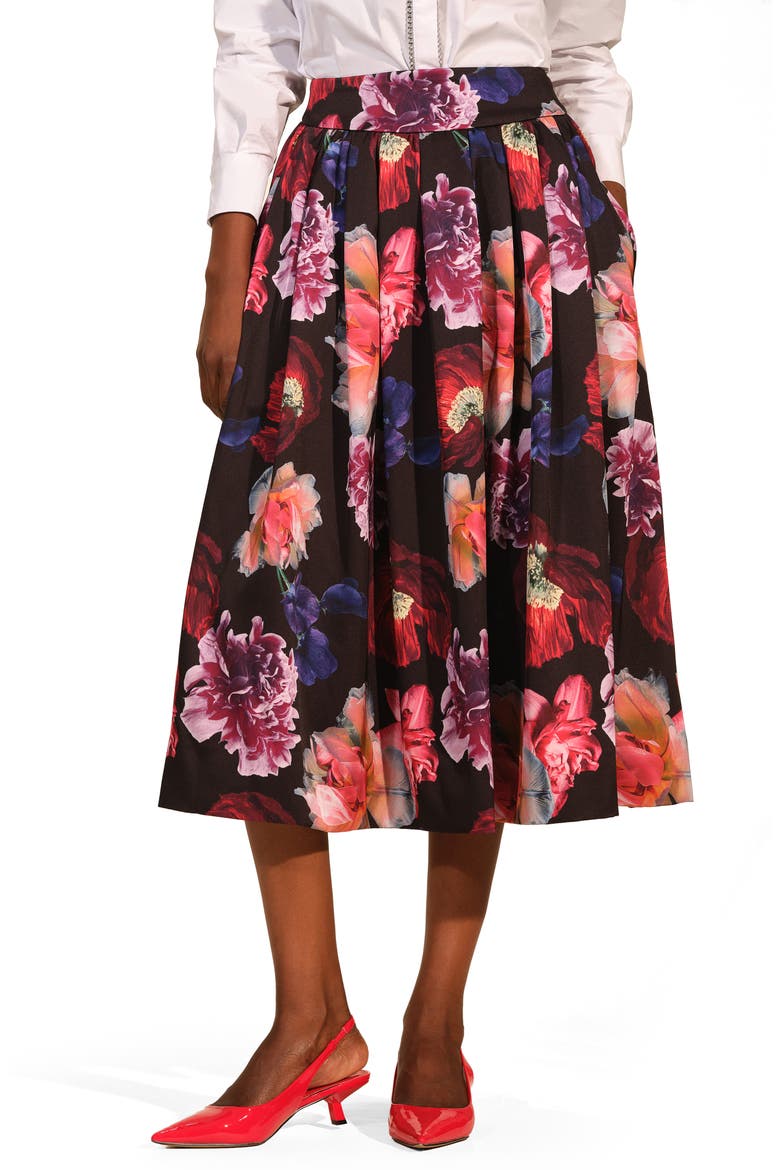 Pleated Satin Midi Skirt, Main, color, FLEUR NOCTURNE