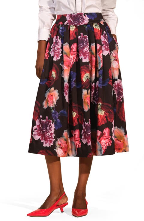 Pleated Satin Midi Skirt