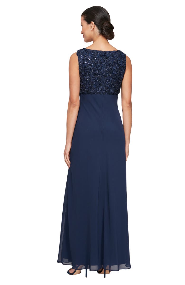 Alex Evenings Sequin Soutache Lace Empire Waist Chiffon Gown with Jacket, Alternate, color, Navy