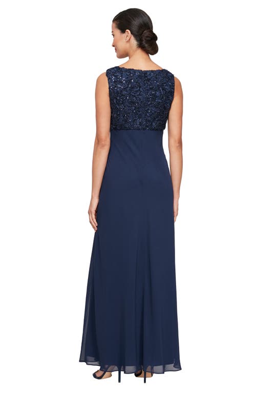 Alex Evenings Sequin Soutache Lace Empire Waist Chiffon Gown With Jacket In Blue