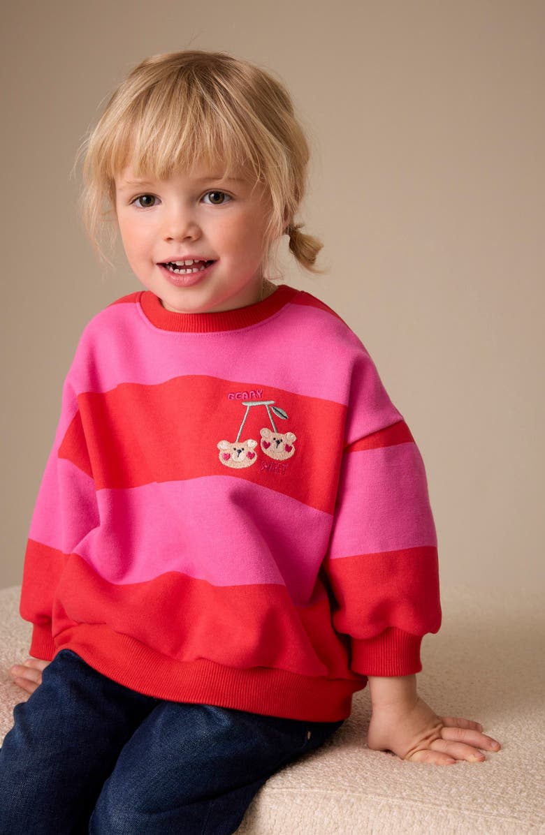 NEXT Kids' Embroidered Stripe Cotton Blend Sweatshirt, Alternate, color, Multi Pink