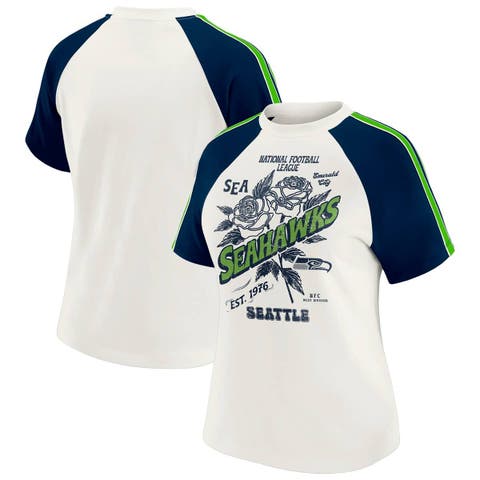 Women's WEAR by Erin Andrews White Seattle Seahawks Sleeve Stripe Distressed Raglan T-Shirt