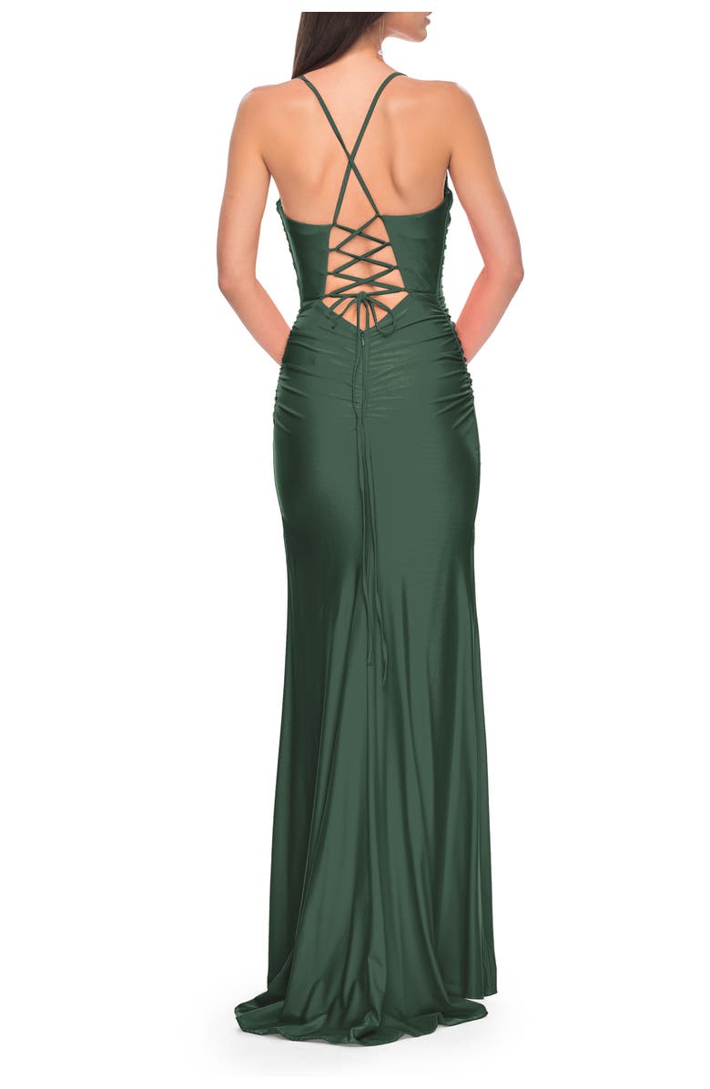 La Femme Ruched Jersey Prom Dress with Slit, Alternate, color, Emerald