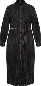 City Chic Andi Long Sleeve Plissé Maxi Shirtdress