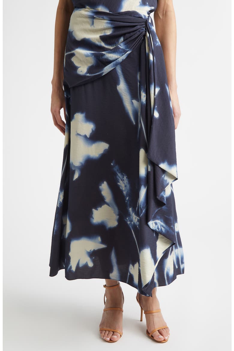 Abstract Floral Cascade Ruffle Crepe Skirt, Main, color, NAVY
