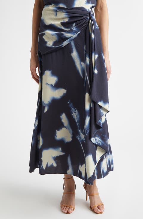Abstract Floral Cascade Ruffle Crepe Skirt