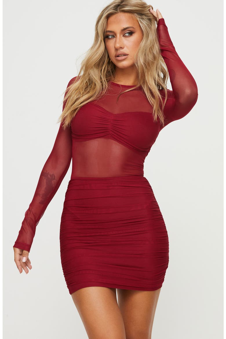 Hapstall illusion Mesh Long Sleeve Minidress, Alternate, color, DARK RED