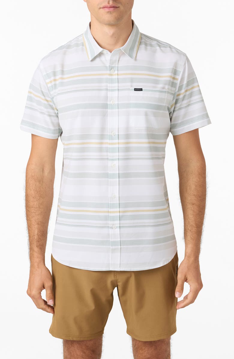 O'Neill TRVLR UPF Traverse Stripe Short Sleeve Performance Button-Up Shirt, Main, color, Natural