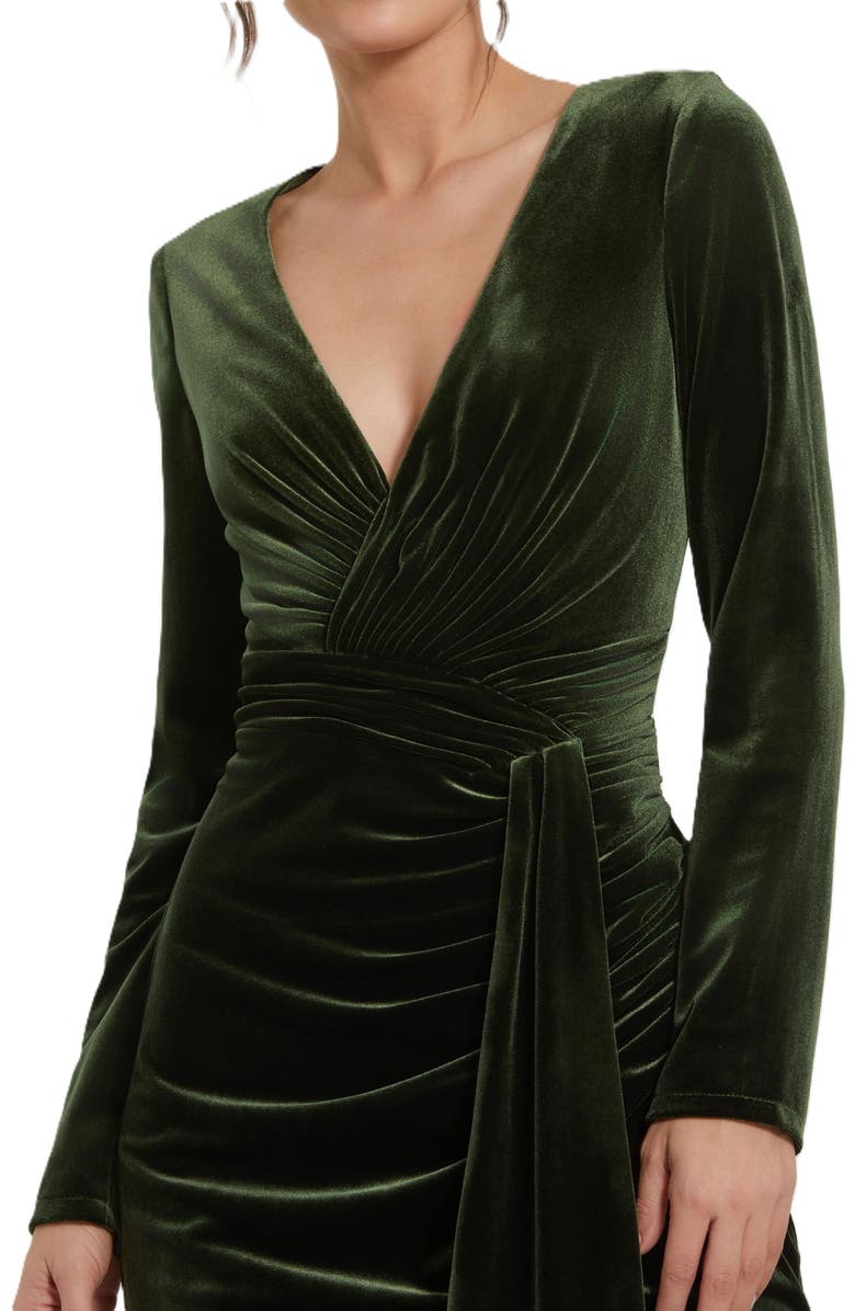 Mac Duggal Long Sleeve Deep V Neck Draped Velvet Gown, Alternate, color, Olive