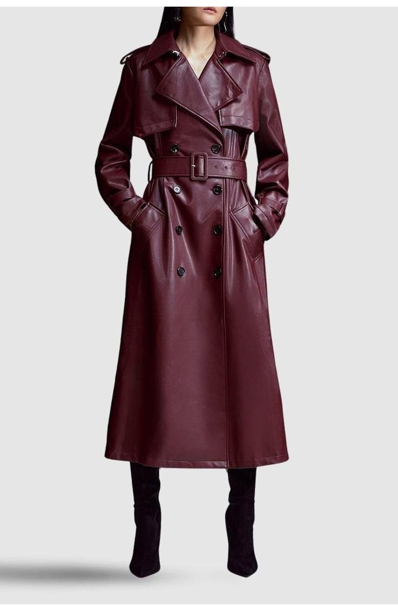Karen Millen Tailored Faux Leather Belted Trench Coat, Alternate, color, Oxblood