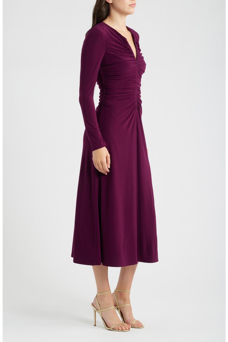 Shirred Long Sleeve V-Neck Dress, Alternate, color, AUBERGINE