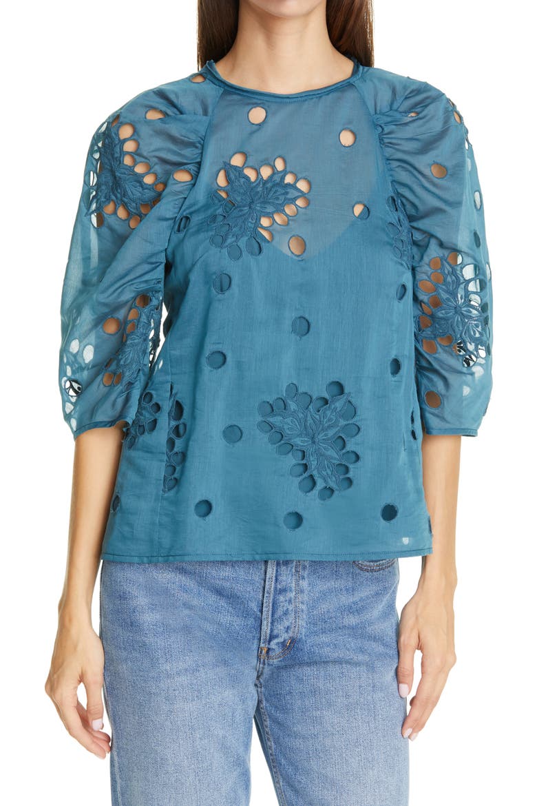 Honeysuckle Eyelet Top, Main, color, DEEP TEAL