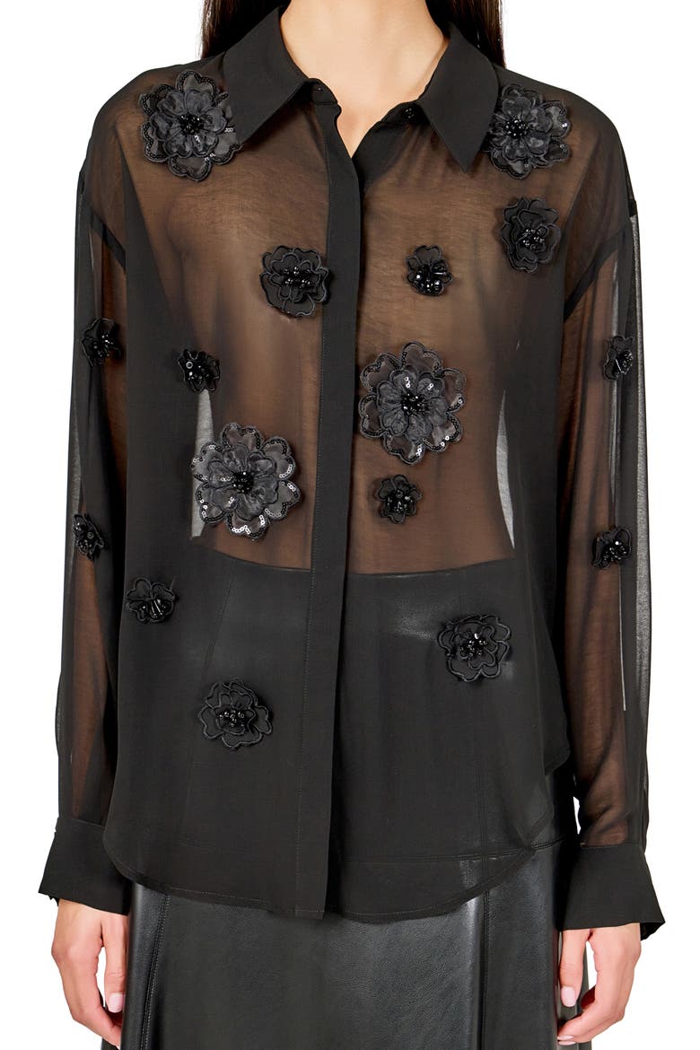 Floral Detail Sheer Shirt, Alternate, color, BLACK