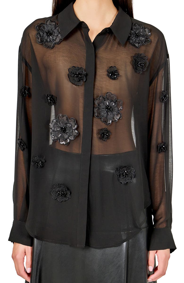 Endless Rose Floral Detail Sheer Shirt, Alternate, color, Black