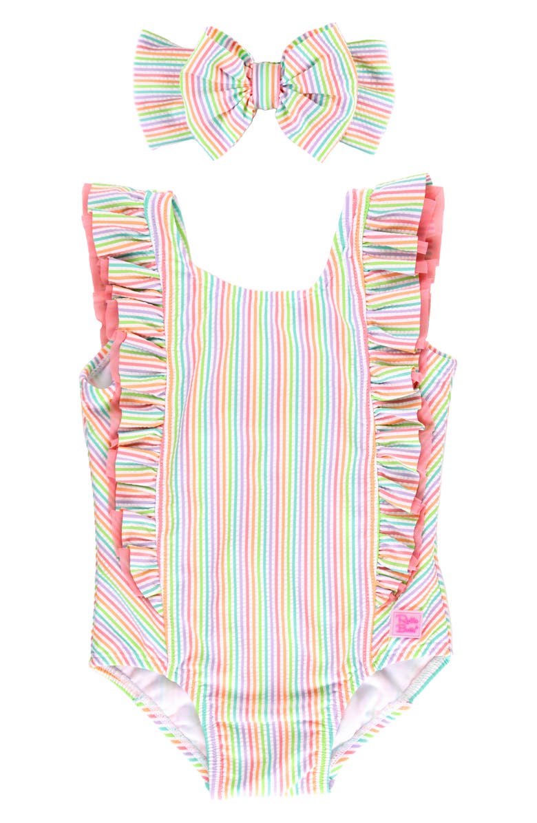 RuffleButts Rainbow Stripe Waterfall One-Piece Swimsuit & Headband Set, Main, color,
