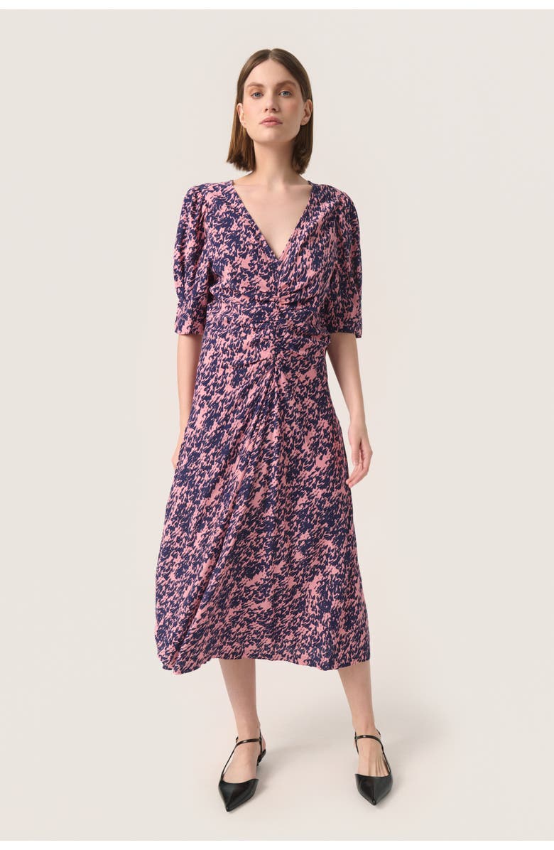 Soaked in Luxury SLSylvia V-neck Short Sleeve Midi Dress, Main, color, Blush Drop Print