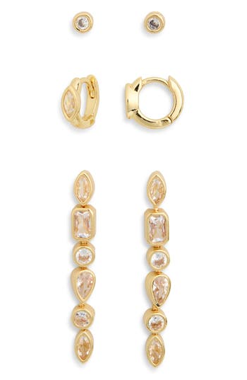 Nordstrom Rack Pack Of 3 Stud, Huggie & Linear Earrings In Clear- Gold